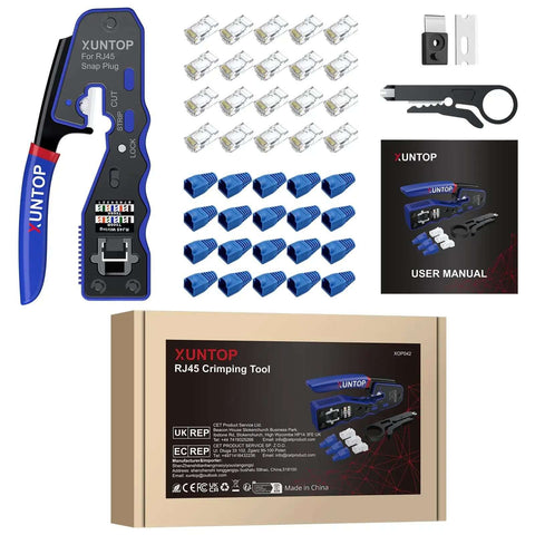 RJ45 Crimp Tool Kit For Cat5 Cat5e Cat6 Cat6a Ethernet With Pass Through Connectors One Step Crimping Kit Includes 20 Cat6 Pass Through Heads And 20 Blue Protection Covers