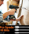 Man using The Ultimate 350 Piece Drill Bit Set For Home Repair And Furniture Assembly Packed With Masonry Bits Driver Bits on wood.