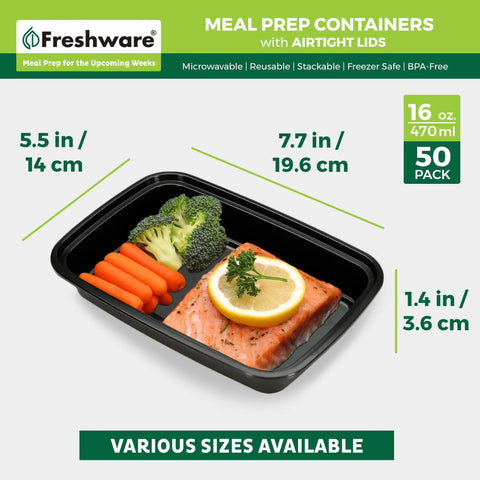 50 Pack One Compartment Meal Prep Containers with Lids, BPA Free Bento Boxes, 16 Oz, black, with vegetables and salmon