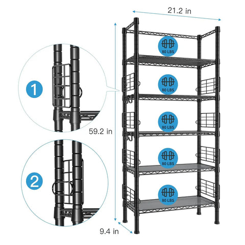 Beefy Five Tier Metal Storage Rack With Adjustable Shelves, 400Lb Total Load, Narrow 21.2W X 9.4D X 59.2H Steel Shelving For Kitchen, Bathroom, Living Room, Balcony And Garage, Includes Guardrails, Black.