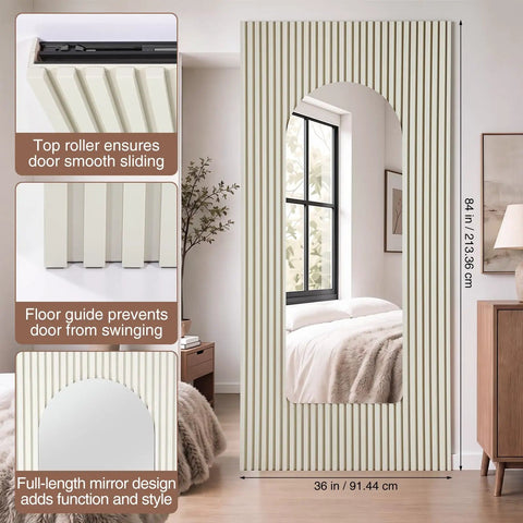 Massive Space Saver Trackless Sliding Barn Door With Built In Mirror And Soft Close Hardware Kit To Keep Your Floors Clear, 36x84 inches, modern design
