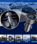 No Sweat Road Trip Ready Starlink Mini DC Power Cable With Cigarette Lighter Adapter Digital Volt Meter USB C PD 40W and USB A 35W High Speed Charging Cord For Trucks RV Boats 10Ft, featuring a cigarette lighter plug.