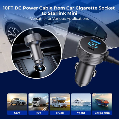 No Sweat Road Trip Ready Starlink Mini DC Power Cable With Cigarette Lighter Adapter Digital Volt Meter USB C PD 40W and USB A 35W High Speed Charging Cord For Trucks RV Boats 10Ft, featuring a cigarette lighter plug.