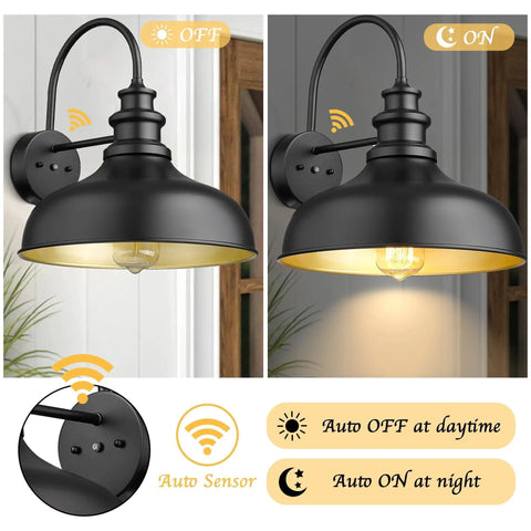 Dusk To Dawn Sensor Farmhouse Barn Light, No Fuss Auto On Off Outdoor Wall Lantern For Porch Patio Garage shown with on/off modes