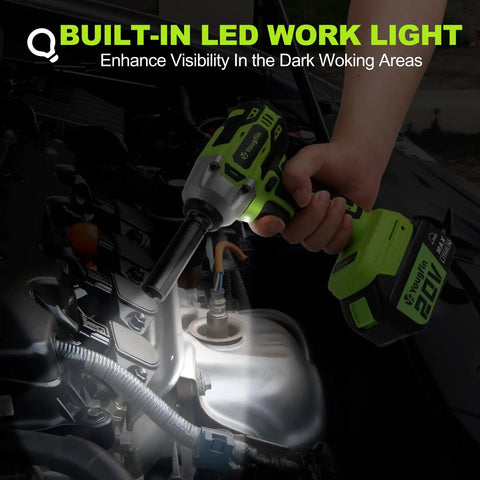 Using Cordless Half Inch Impact Wrench Kit With 400 Nm Torque, 20V Brushless Motor in dark area with built-in LED light
