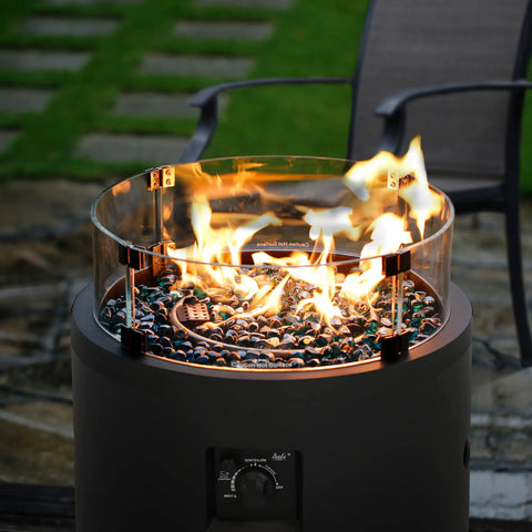 Round Gas Fire Pit Glass Wind Guard For 23 Inch Round Pits, protecting flame with tempered glass in backyard setting.