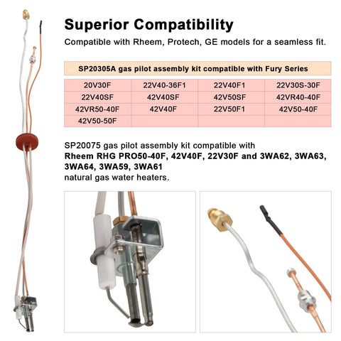 Gas pilot ignition kit SP20075 for natural gas water heaters; front view shows copper wires and mounting bracket