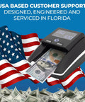 Portable Counterfeit Money Detector With UV IR MG Scan Auto 4 Way Bill Check And Value Counting For USD And EUR shown in use with flag