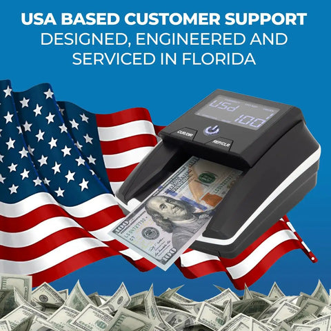 Portable Counterfeit Money Detector With UV IR MG Scan Auto 4 Way Bill Check And Value Counting For USD And EUR shown in use with flag