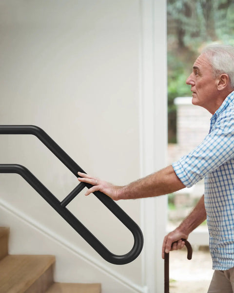Outdoor Wall Mount Handrail Grab Bar For 1 To 3 Step Stairs, 25.8 Inch Black Steel Safety Rail with frost finish, in use