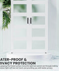 Double Glass Barn Door Set With 6 Ft Sliding Hardware Kit Included, Frosted 5 Panel Design, White Waterproof PVC Surface, 36 By 84 Inches, Assembly Required, Durable MDF Frame For Modern Interiors Built To Last shown with frosted panels and black handles, emphasizing water-proof and privacy protection.