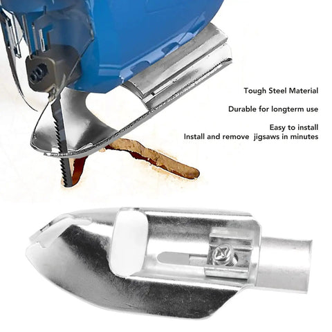 Universal Steel Coping Foot For Jig Saws Delivers Dead On Bevel Cuts And Smooth Curved Molding Tracing Without Pesky Jigs close-up of tough steel foot mounted on jigsaw