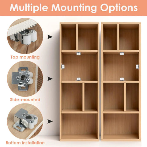 4 Pack Double Roller Cabinet Door Latch Set With Screws And Hardware For Closet Cabinets Kitchen RV Drawers Catches Keeps Doors Shut Tough As Nails Steel Easy Install, shown with multiple mounting options on wooden cabinets.