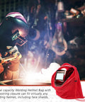 Worker using welding tools with a red 4 Pack Welding Helmet Bags With Drawstring Locking, Lightweight Microfiber Helmet Storage.