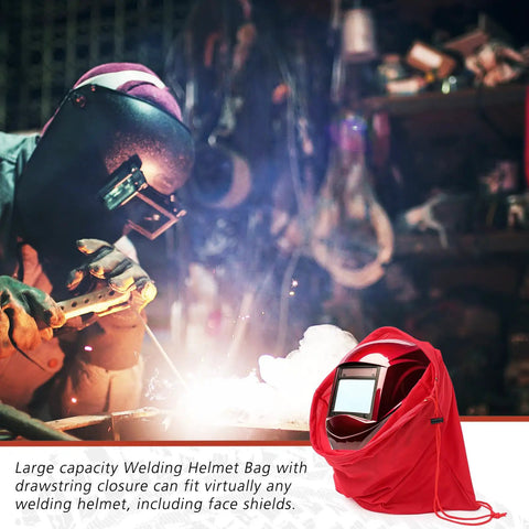 Worker using welding tools with a red 4 Pack Welding Helmet Bags With Drawstring Locking, Lightweight Microfiber Helmet Storage.