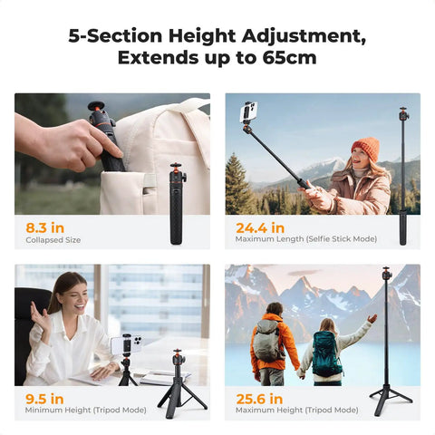 Mini Selfie Stick Tripod Stand With Five Adjustable Levels And 360 Degree Ball Head Pocket Tripod With Cold Shoe, setup views