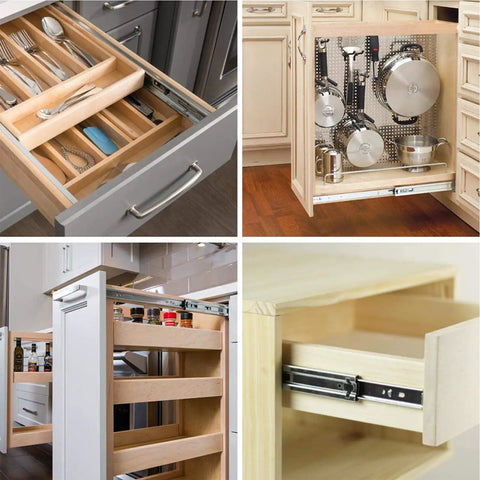 Heavy Duty Soft Close Drawer Slides 22 Inch Pair shown in kitchen cabinets, fitted for smooth operation with various contents.