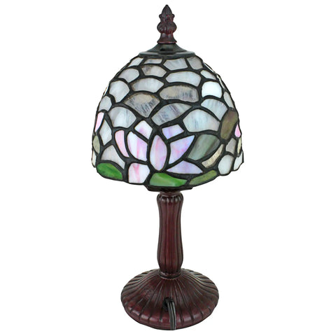 Lotus of Monet's Garden Petite Tiffany Style Table Lamp 12 Inch full color glass shade, pale blue, green, pink glow, water lily decor