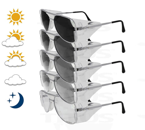 Top Shelf Aviator Safety Glasses Metal Frame ANSI Z87 DOT Approved For Motorcycles Heavy Duty Work Shop UV400 stacked display.