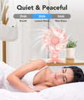 USB Desk Fan With CVT Variable Speeds on bedside table, pink, providing quiet airflow for sleeping woman.