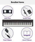 Image showing bundled items: music rest, sustain pedal, power adapter, owner's manual, and 88 Key Weighted Action Digital Piano With Sustain Pedal And Power Supply, Acoustic Feel Keyboard With Expressive Touch, 10 Voices From Rich Grand Piano To Modern Sounds, Perfect For Practice At Home Or In The Studio.