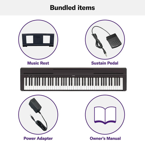 Image showing bundled items: music rest, sustain pedal, power adapter, owner's manual, and 88 Key Weighted Action Digital Piano With Sustain Pedal And Power Supply, Acoustic Feel Keyboard With Expressive Touch, 10 Voices From Rich Grand Piano To Modern Sounds, Perfect For Practice At Home Or In The Studio.