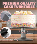 12 Inch Heavy Duty Aluminum Cake Turntable Stand Rock Solid Rotating Lazy Susan With Non Slip Base Smooth Swivel Platform features a decorated cake.
