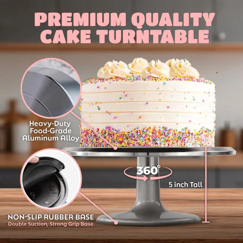 12 Inch Heavy Duty Aluminum Cake Turntable Stand Rock Solid Rotating Lazy Susan With Non Slip Base Smooth Swivel Platform features a decorated cake.