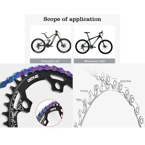 Round 110 BCD Chainring Narrow Wide 36T To 52T For 7 To 12 Speed Chains Aluminum 7075 Black, mountain and downhill bike use