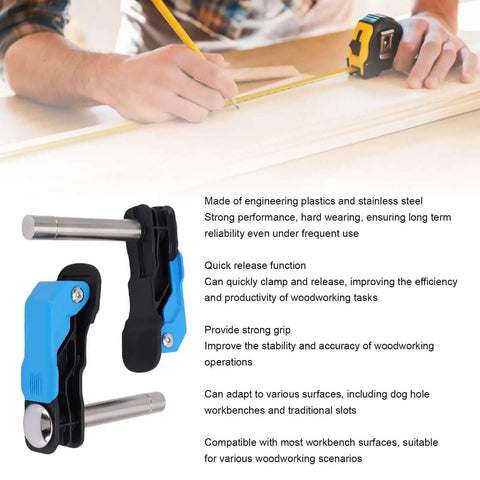 20mm Bench Dog Clamp With Arrow Storage Case For Woodworking, Fast Clamping And Easy Release, next to a carpenter using a tape measure