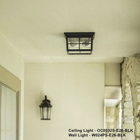 French Pane Square 2 Light Farmhouse Ceiling Mount Light For Indoor Or Outdoor Use Damp Rated Open Bottom With Seedy Glass Black Powder Coat Finish Two Standard Sockets installed on a porch ceiling.