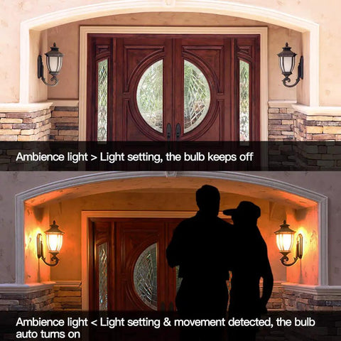 Motion Sensor Light Bulb With Dusk To Dawn Sensor E26 Base 7W LED 60W Equivalent Warm White 3000K Adjustable Motion Sensitivity And Twilight Time Settings For Auto On Energy Efficient Home Lighting on porch wall lantern