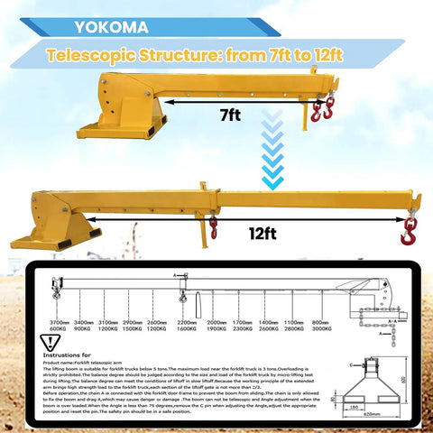 Heavy Duty Forklift Jib Boom Mobile Crane with adjustable 7ft to 12ft telescopic reach for lifting heavy loads.
