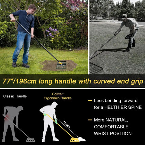 77in Lawn Leveling Rake 17 By 10 Inch With Adjustable Curved End Handle for Soil Smoothing and Turf Leveling