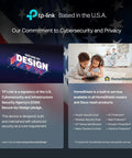 Infographic on TP-Link cybersecurity and privacy commitment with U.S. Cybersecurity Agency and HomeShield built-in service.