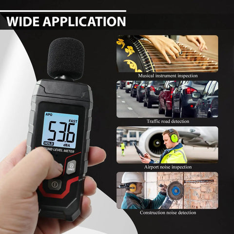 Pro Grade Digital Sound Level Meter With Backlit Display 30 To 130 dB Range 0.1 dB Resolution Plus Minus 1.5 dB Accuracy A Weighting 31.5 Hz To 8 kHz Response Fast Slow Max Min Hold Portable Noise Meter For Home Theater Office Studio, handheld in use
