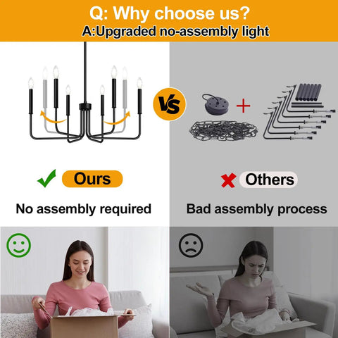 Comparison of Six Light Farmhouse Industrial Chandelier With Matte Black Finish versus other lights with assembly issues.