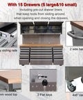 72 Inch Stainless Steel Rolling Tool Chest With 15 Drawers And 3 Upper Cabinets, Mobile Workbench On Wheels, Lockable Storage Cabinet With Pegboard And Solid Wood Top For Pro Grade Tool Organization, front view