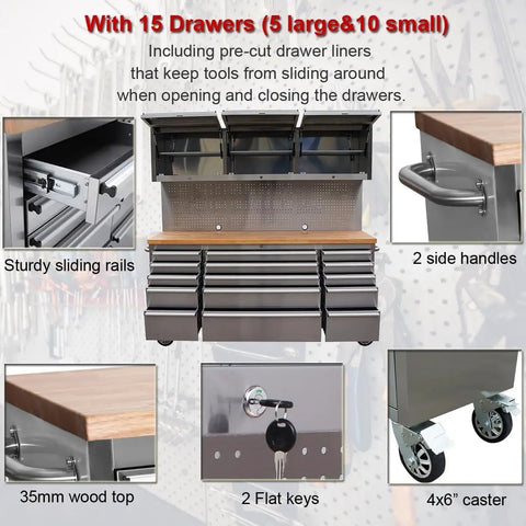72 Inch Stainless Steel Rolling Tool Chest With 15 Drawers And 3 Upper Cabinets, Mobile Workbench On Wheels, Lockable Storage Cabinet With Pegboard And Solid Wood Top For Pro Grade Tool Organization, front view