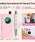 Image of pink 35,000RPM Electric Nail Drill for Gel Nail Shaping and Removal, featuring LCD display, portable design with clip-on attachment.