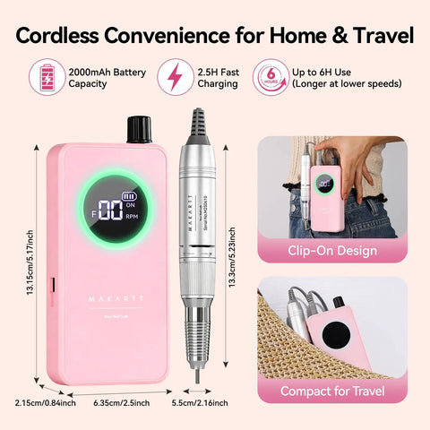 Image of pink 35,000RPM Electric Nail Drill for Gel Nail Shaping and Removal, featuring LCD display, portable design with clip-on attachment.