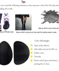 Non Slip Shoe Pads With Strong Adhesive Grips For Heels Silicone Sole Protectors To Shield Toe And Heel Durable Black 6 Pairs For Everyday Wear And Long Lasting Traction, showing installation tips and advantages of adhesive grip and water resistance