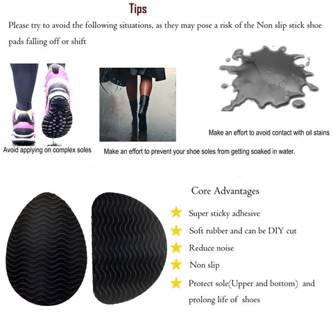 Non Slip Shoe Pads With Strong Adhesive Grips For Heels Silicone Sole Protectors To Shield Toe And Heel Durable Black 6 Pairs For Everyday Wear And Long Lasting Traction, showing installation tips and advantages of adhesive grip and water resistance