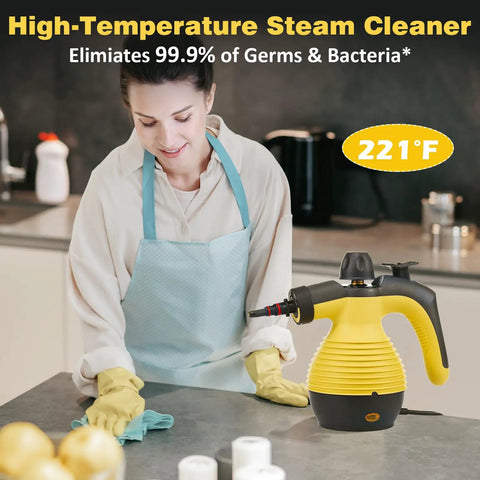 Heavy Duty Handheld Steam Cleaner For Deep Kitchen And Bath Scrubbing with high-pressure steam wand at 221°F in kitchen.