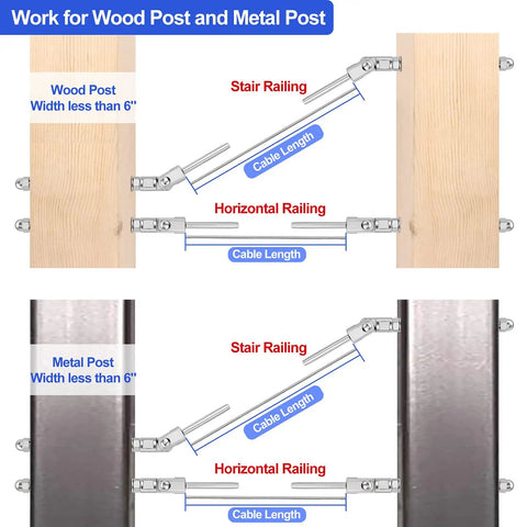 Diagram of 20 Pack T316 Stainless Steel 180 Degree Adjustable Cable Railing Swage Threaded Stud End Fittings on wood and metal posts.
