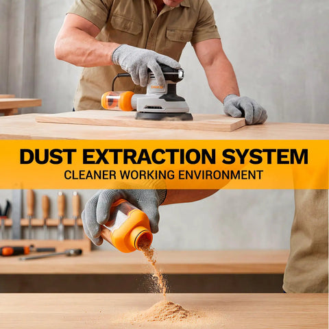 Detail Sander For Precise Handheld Work 1.5A Mouse Palm Corded Sander With Slick Dust Collection and 13000 OPM in use with dust container