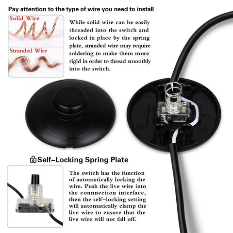 Back view of floor lamp foot switch inline pedal switch showing wiring instructions for stranded and solid wires.