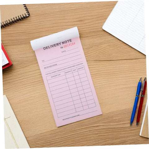 Three Part Carbonless Invoice And Receipt Book Pad For Small Biz Fast Billing Clear Order Forms Cash Receipts Handy Record Keeping For Stores Warehouses Retail And Repair Shops pink delivery note pad on desk