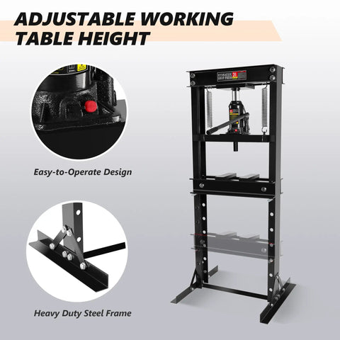 Hardcore 20 Ton Hydraulic Shop Press With H Frame Rig and Stamping Plates, adjustable table height and heavy duty steel frame.