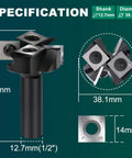 Pro Grade CNC Spoilboard Surfacing Router Bit With Four Wings Half Inch Shank One And A Half Inch Cutting Diameter Slab Flattening Bit For CNC Routers Anti Kickback And Heat Resistant Coating, dimensions visible